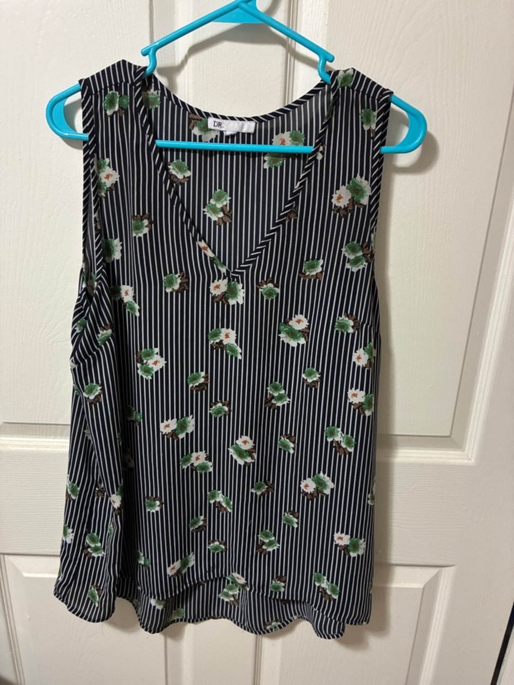 DR2 Black Striped V-Neck Sleeveless Top with Green & White Floral Print